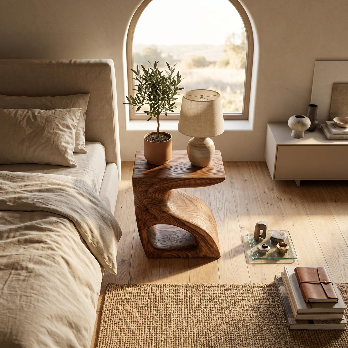 Modern Sculptural Side Table, Solid Wood End Table & Accent Pedestal for Living Room Sofa or Bedroom Nightstand