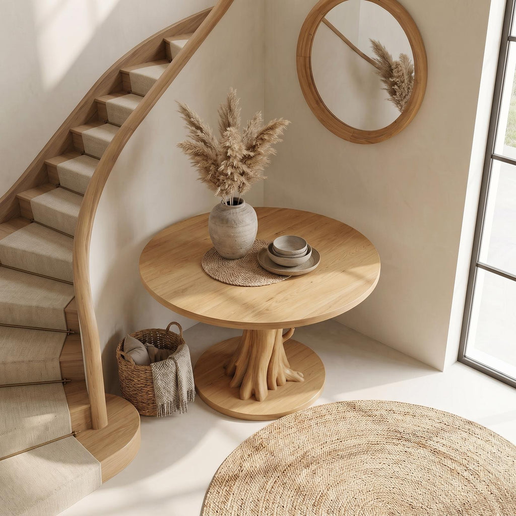 Organic Tree Base Round Entryway Table, Solid Wood Pedestal Foyer Table for Living Room, Hallway
