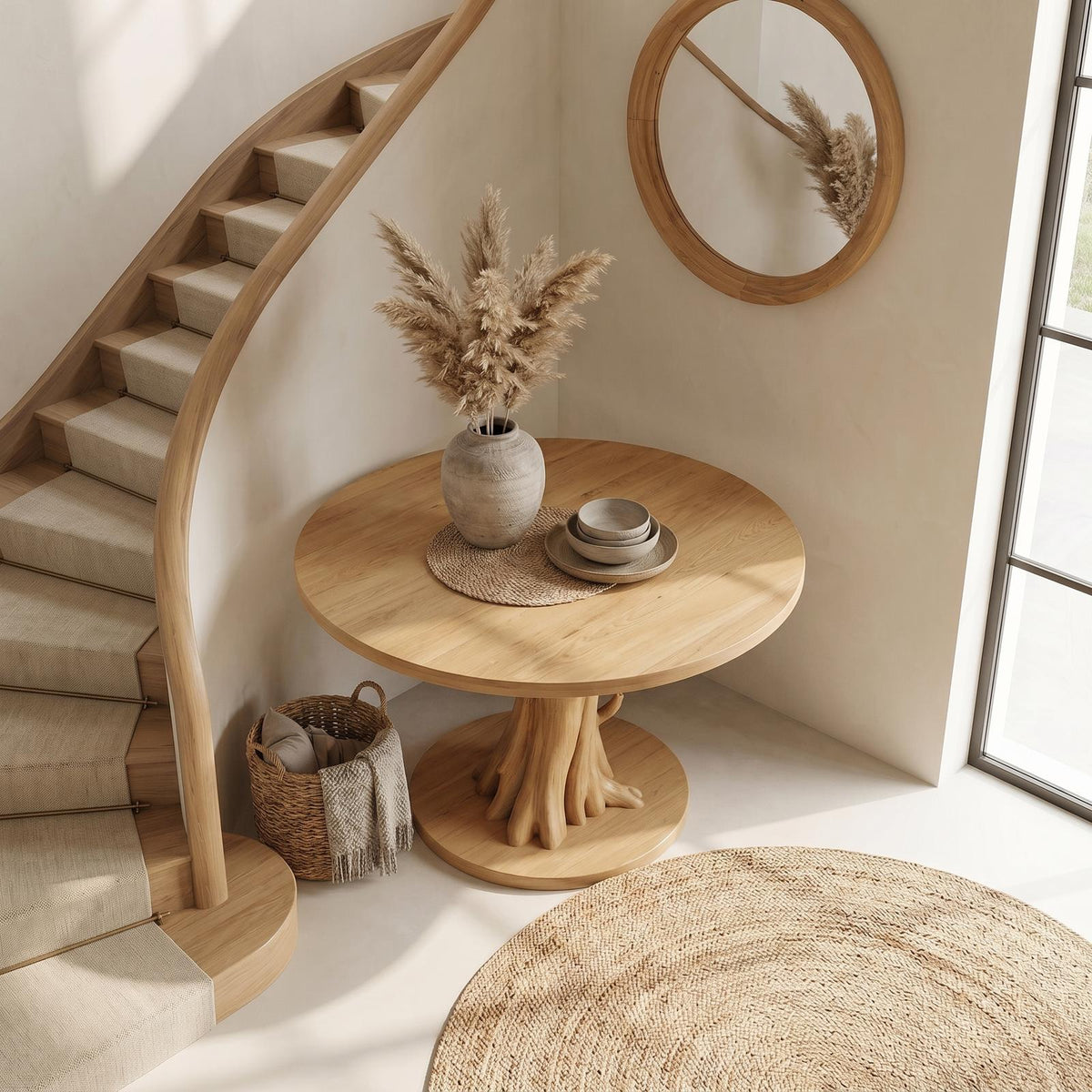 Organic Tree Base Round Entryway Table, Solid Wood Pedestal Foyer Table for Living Room, Hallway
