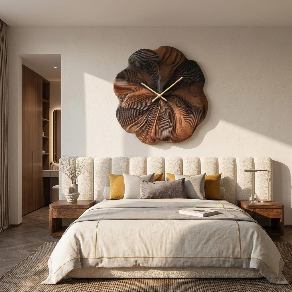 Contemporary Floral Wooden Wall Clock, Handcrafted Flower Shape Solid Wood Timepiece for Living Room