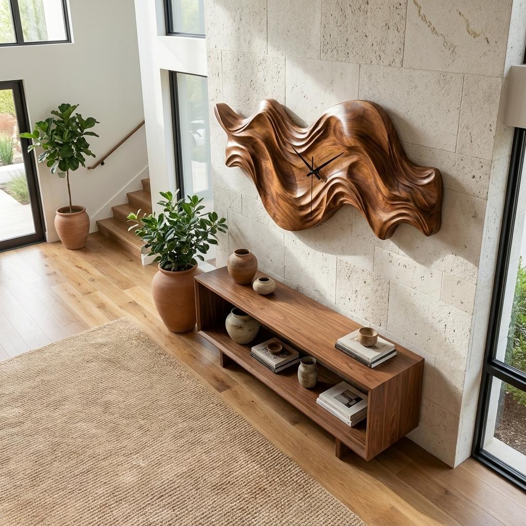 Modern Wooden Wall Clock, Organic Wave Solid Wood Hanging Art Timepiece for Cozy Bedroom Decor