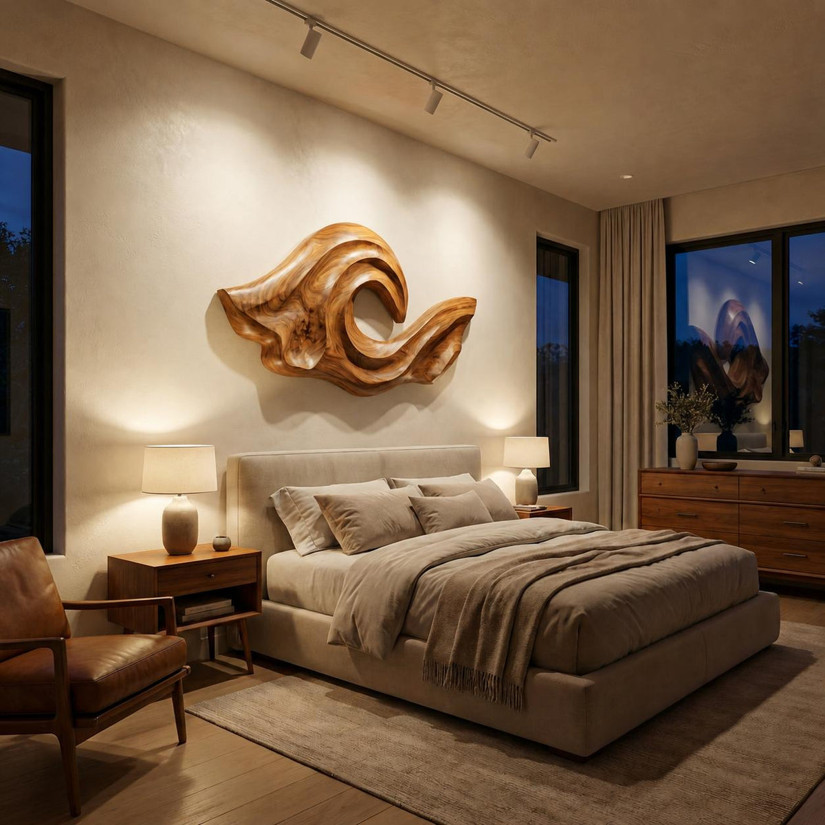 Ocean Wave Inspired Wood Wall Art, 3D Hand-Carved Coastal Wooden Sculpture Panel for Living Room Decor