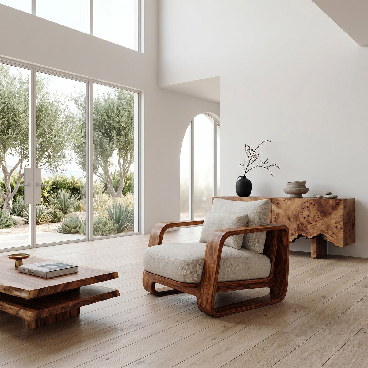Organic Wooden Wide Armchair For Living Room