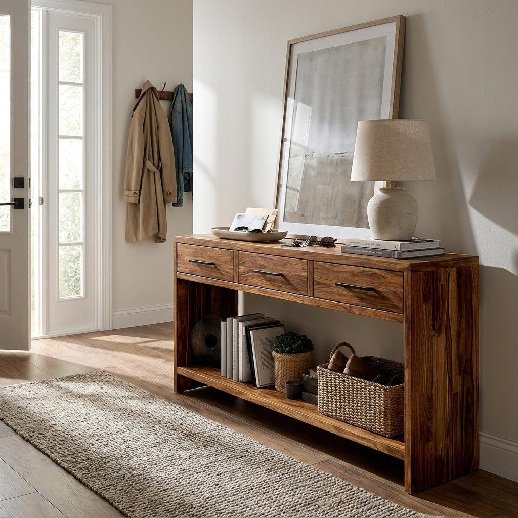 Handcrafted Wooden Console Table with Drawers, Solid Wood Entryway Table for Living Room & Hallway, Model