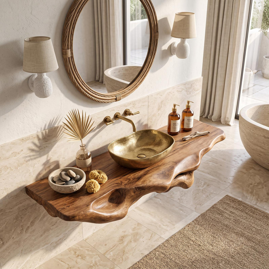 Handcrafted Solid Wood Bathroom Shelf, Wall Mounted Floating Rack & Towel Storage Organizer Cabinet Decor