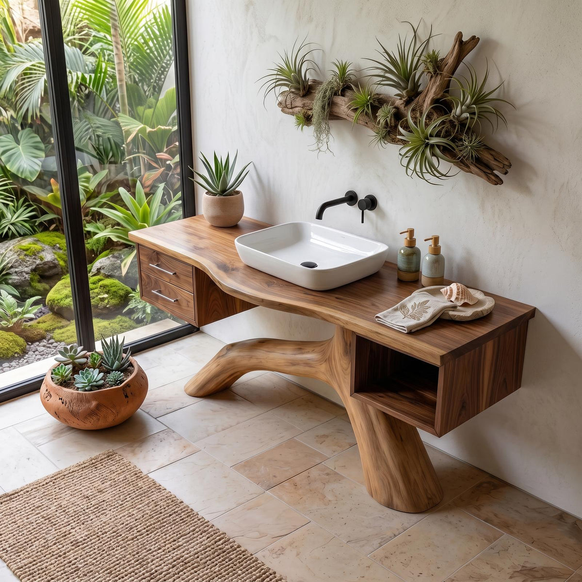 Tropical Double Sink Wood Vanity with Storage, Handcrafted Solid Wooden Cabinet for Luxury Resort Bathroom