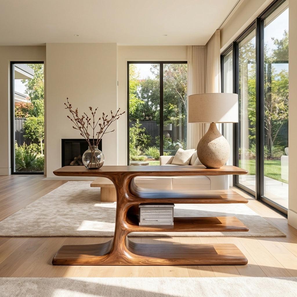 Organic Wooden Console Table with Layered Shelving, Handcrafted Entryway Table for Hallway & Living Room, Model