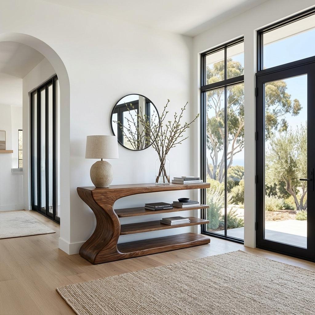 Artistic Natural Wood Console Table, Handcrafted Entryway Table for Minimalist Foyer & Living Room Interior, Model