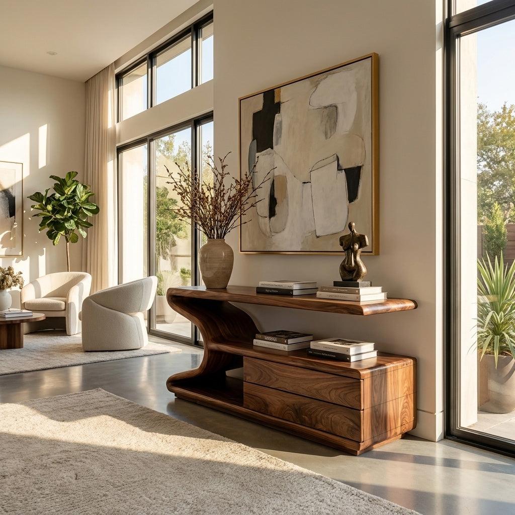 Modern Wooden Console Table with Storage, Handcrafted Statement Entryway Table for Living Room & Hallway, Model