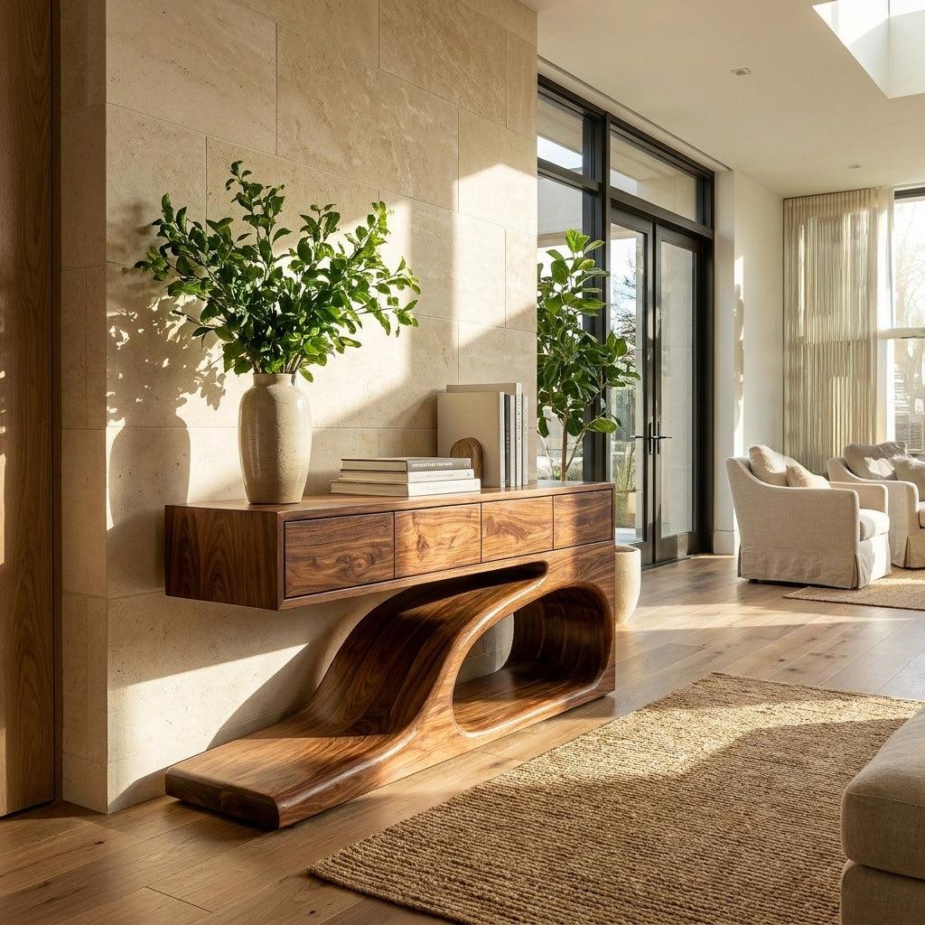 Contemporary Wooden Console Table with Unique Base, Handcrafted Entryway Table for Living Room & Hallway, Model