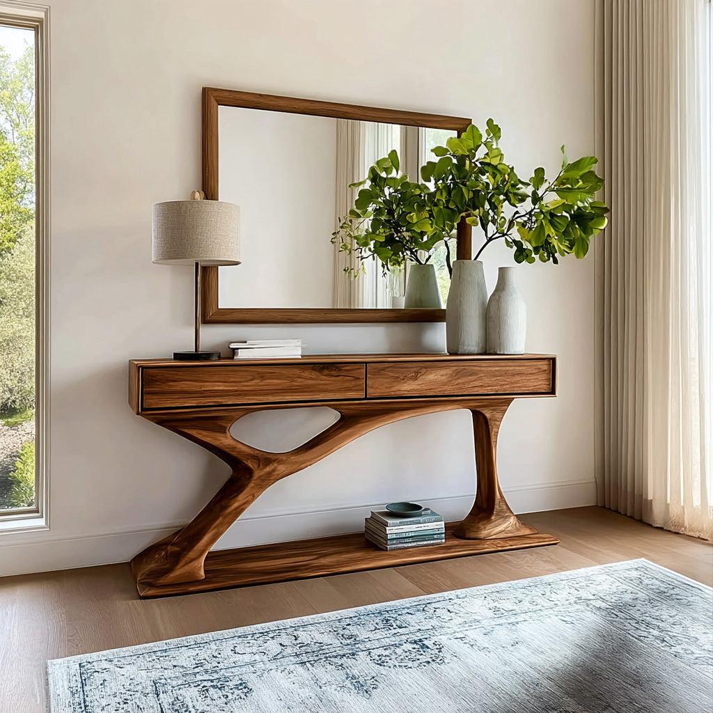 Contemporary Wooden Console Table with Sculptural Base, Handcrafted Entryway Foyer Table for Living Room, Model