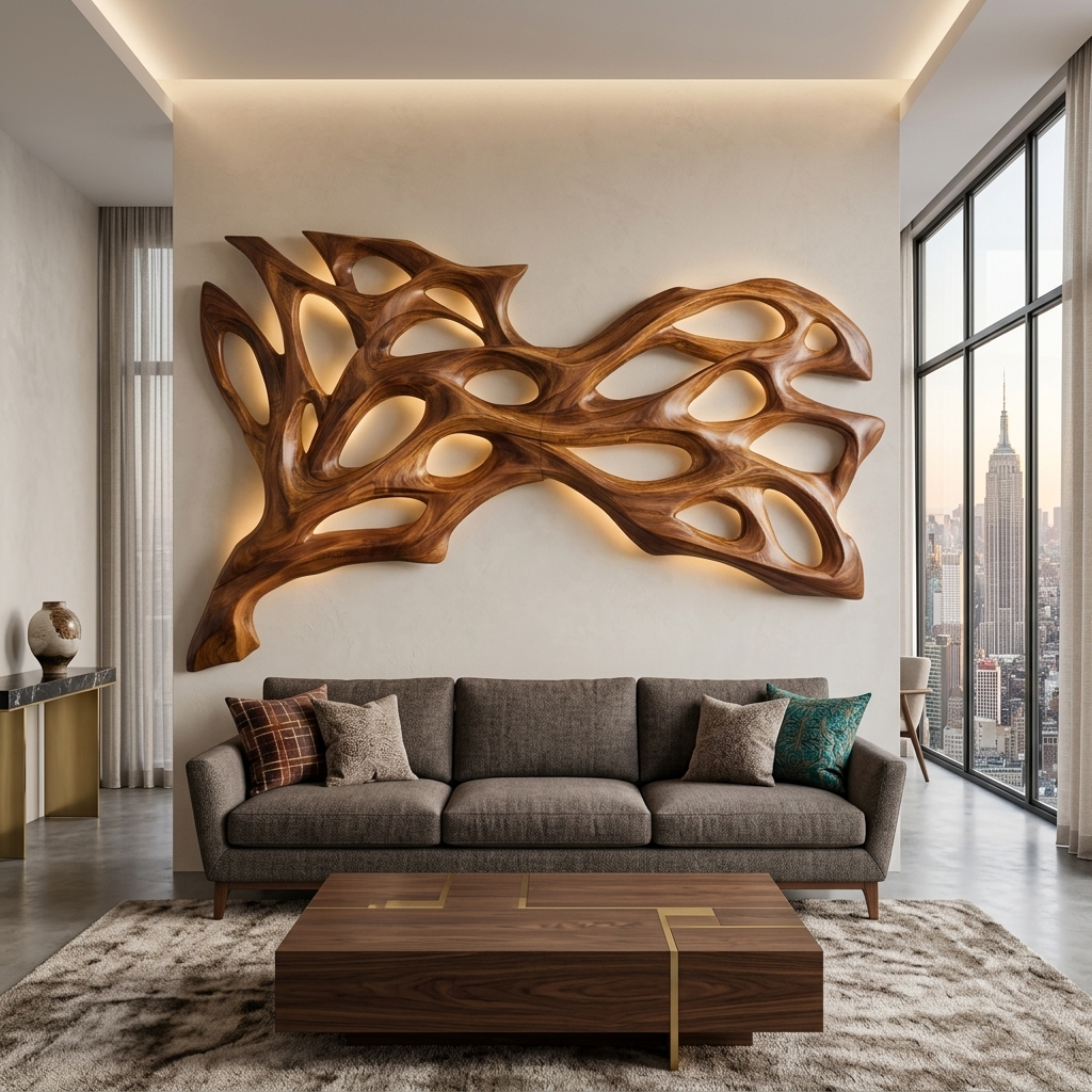 Abstract Natural Wood Wall Art, Hand Carved 3D Curved Wave Wooden Sculpture Panel Decor for Modern Home