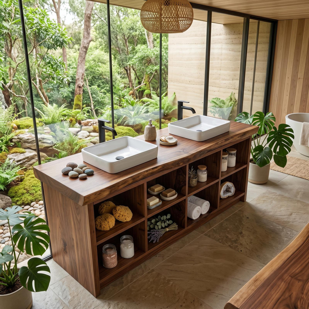 Double Sink Wood Bathroom Vanity with Open Shelves, Handcrafted Rustic Spa Style Solid Wooden Cabinet