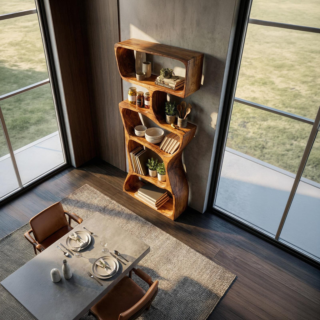 Organic Modern Asymmetrical Bookshelf, Unique Wooden Bookcase Shelf for Living Room & Reading Nook