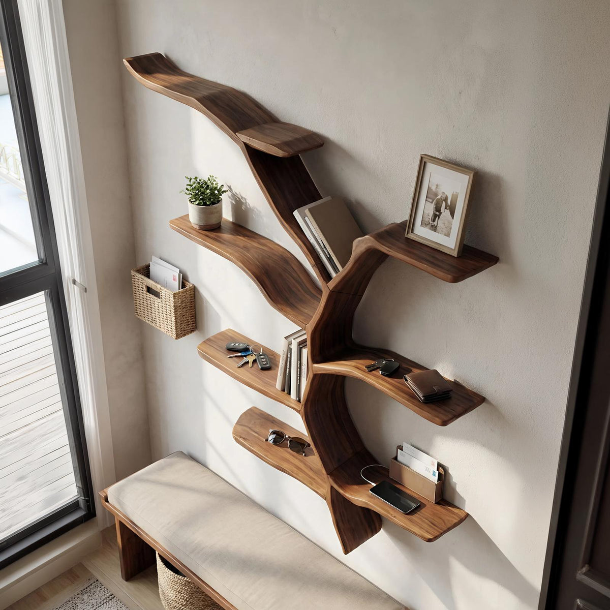 Mid Century Wooden Wall Shelf, Handcrafted Solid Wood Floating Storage Rack, Modern Wall Display Ledge Bookshelf for Living Room