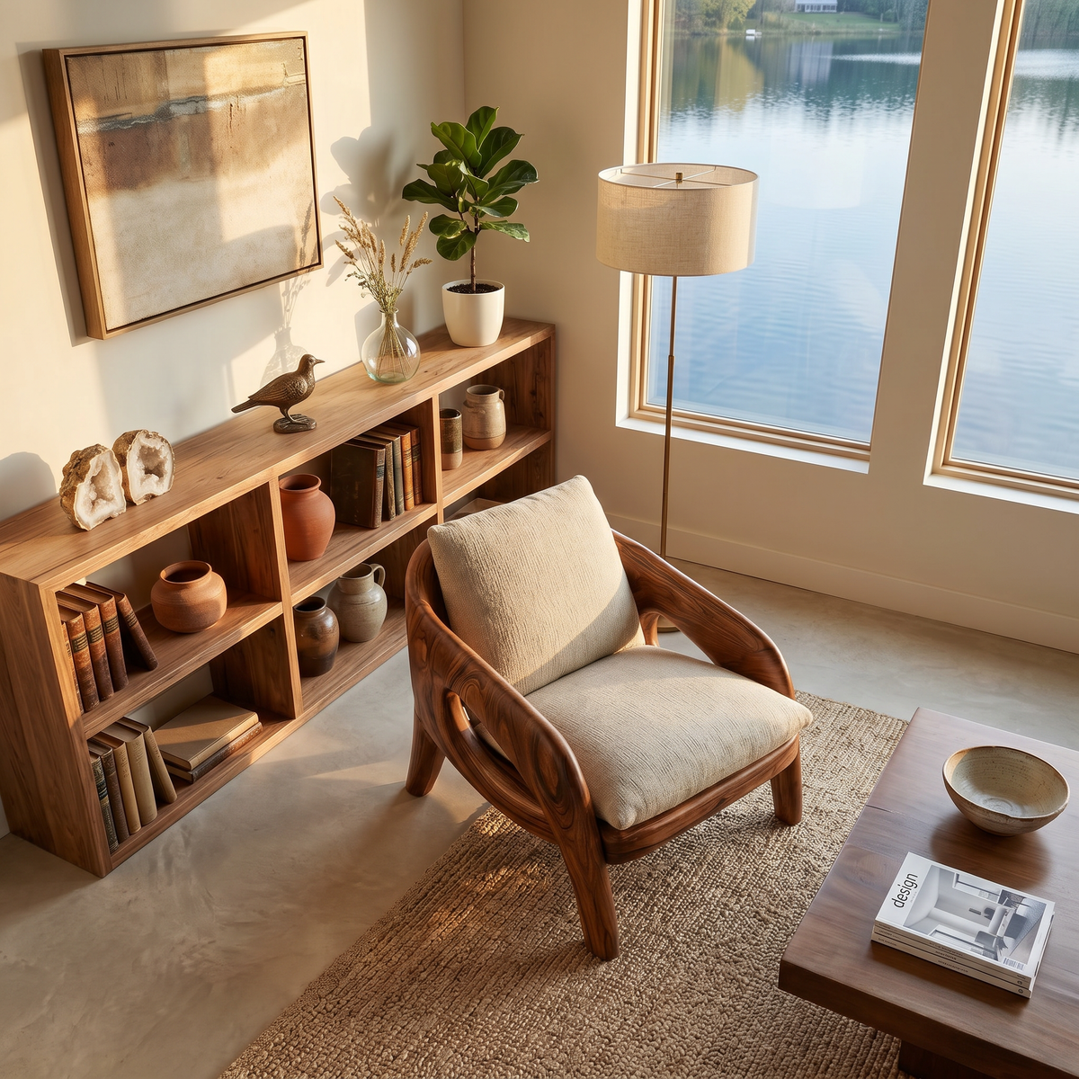 Contemporary Sculptural Lounge Chair, Handcrafted Solid Wood Accent Armchair for Living Room & Parlor