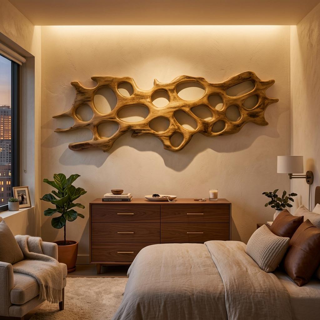 Organic Wooden Wall Art Sculpture, Handcrafted Abstract Carving 3D Hanging Wood Panel Panel for Living Room Lounge