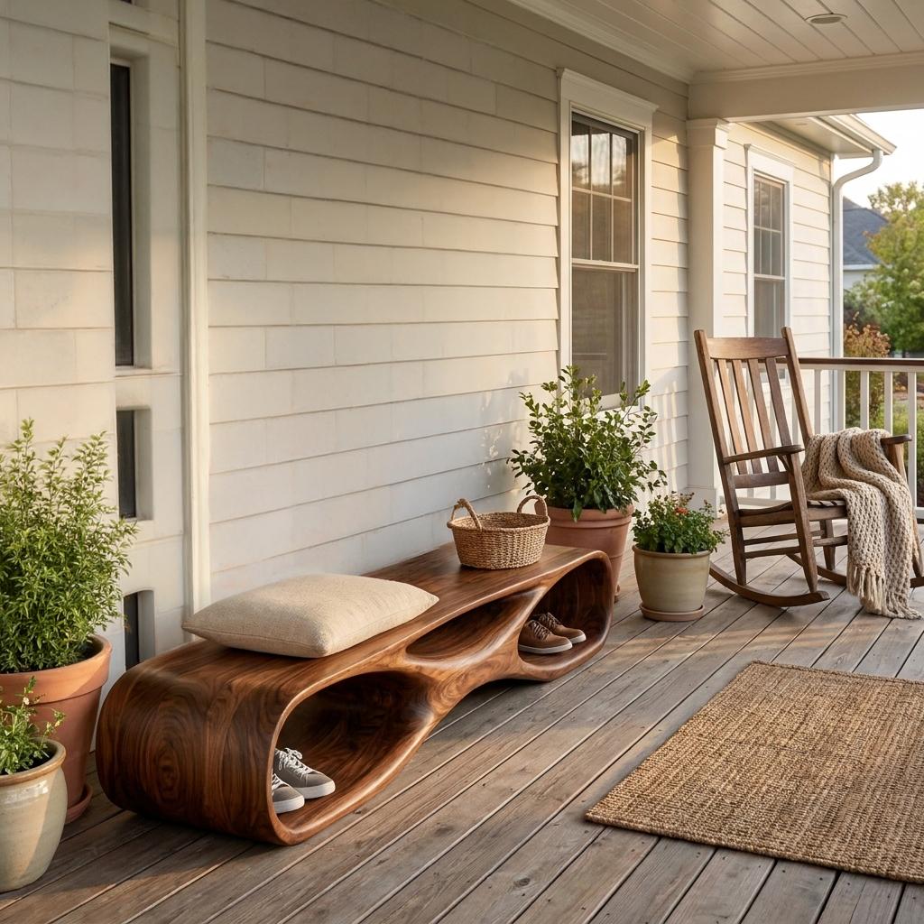 Artistic Wooden Bench, Organic Curved Shape Solid Wood Entryway Bench Seat Accent Furniture for Living Room