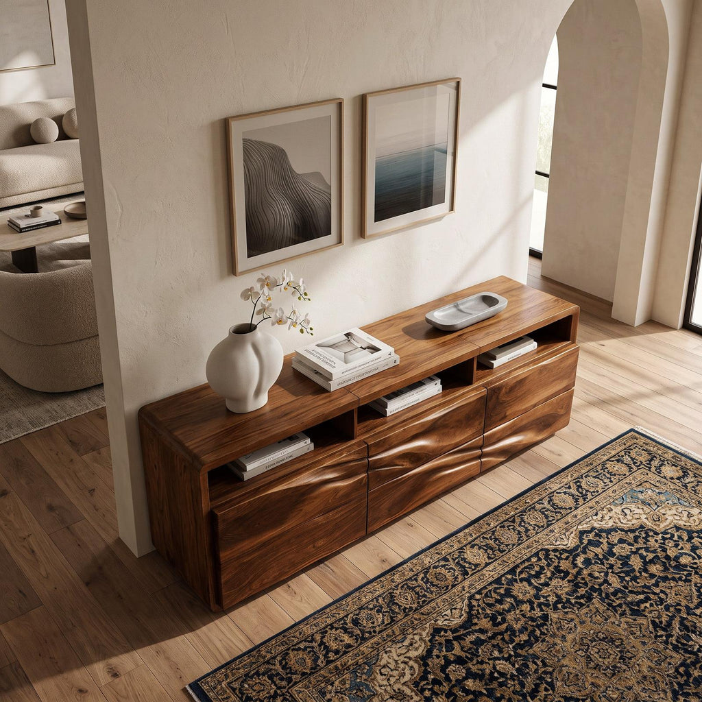 Organic Wave Carved Wood Sideboard, Handcrafted Solid Wood Credenza Storage Cabinet for Modern Living Room, Model