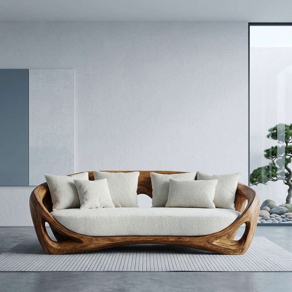 Contemporary Organic Wood Sofa, Modern Designer Couch Loveseat Settee, Timber Lounge Seating for Living Room