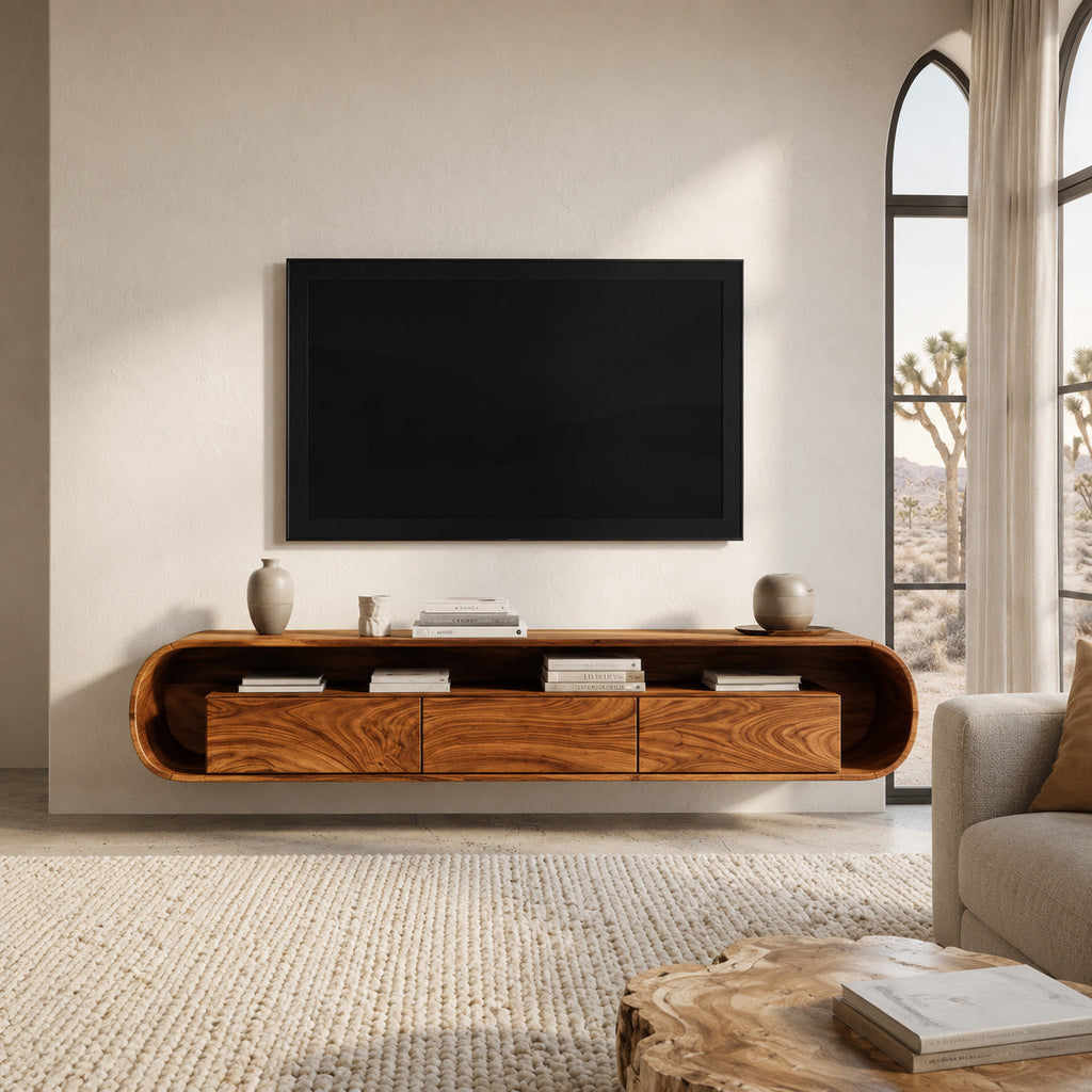 Organic Modern Floating TV Console, Wall Mounted Solid Wood Media Console Unit for Living Room