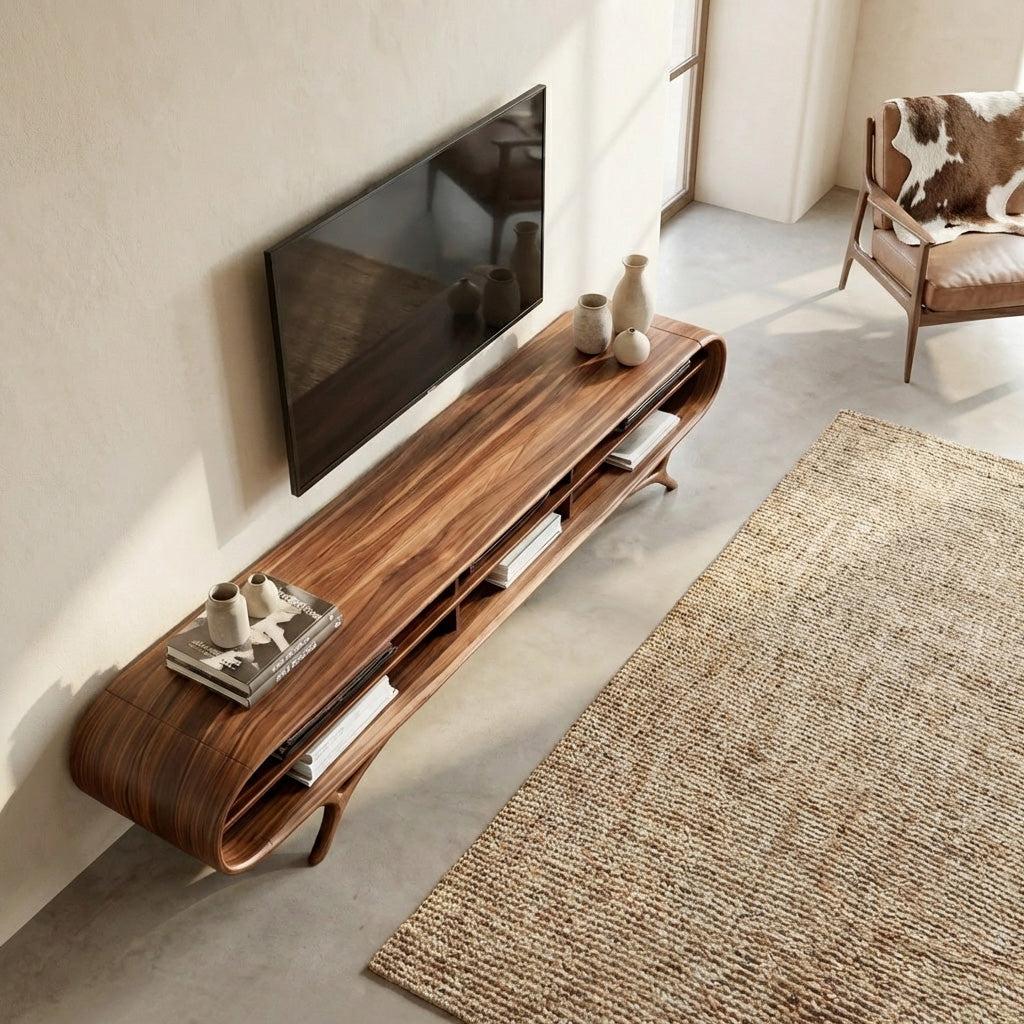 Spry Interior Contemporary Wooden TV Cabinet, Handcrafted Organic Edge Media Console & Credenza Entertainment Board for Living Room, RTTHHNTVC095