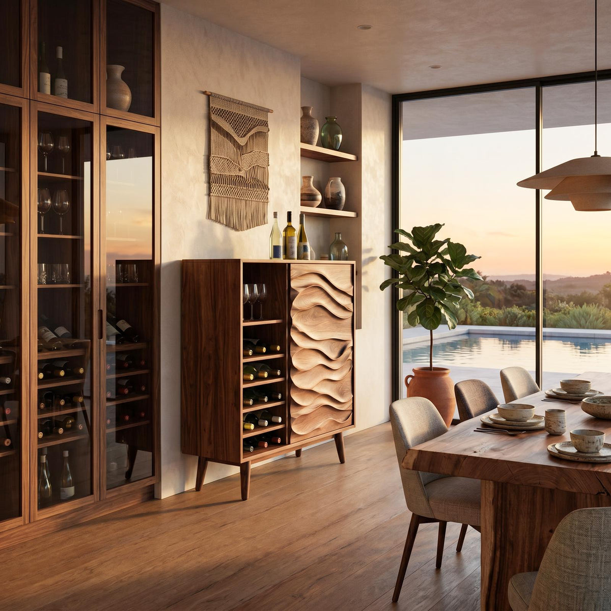 Spry Interior Sculptural Wood Wine Cabinet with Wave Carved Doors, Storage Buffet Credenza for Dining Room, Kitchen & Bar, SITHTTBCA013