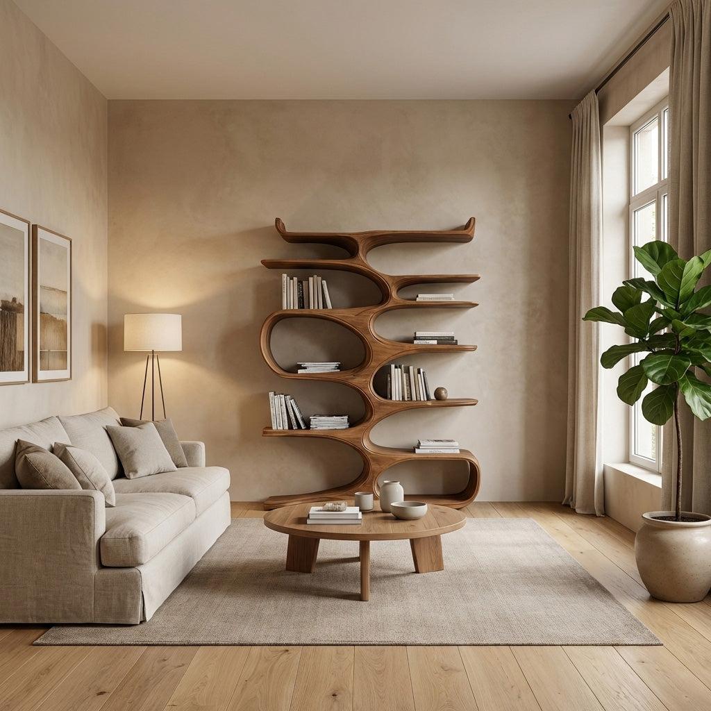 Mid-Century Natural Wood Bookshelf, Handcrafted Solid Wood Geometric Bookcase & Display Rack for Office & Living Room