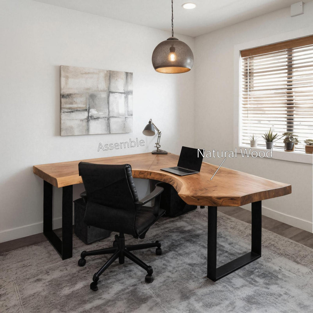 Modern Live Edge L-Shaped Corner Desk, Handcrafted Large Solid Wood Executive Office Desk Table for Home Workspace