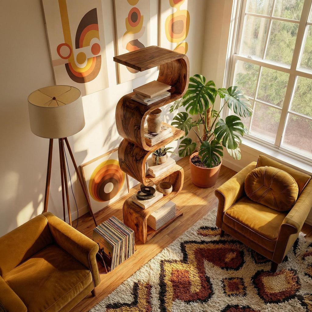 Rustic Farmhouse Wavy Bookshelf, Unique Wooden Bookcase Storage Shelf for Living Room & Bedroom