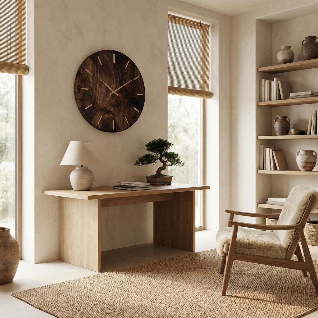 Modern Round Solid Wood Wall Clock Natural Wood Living Room