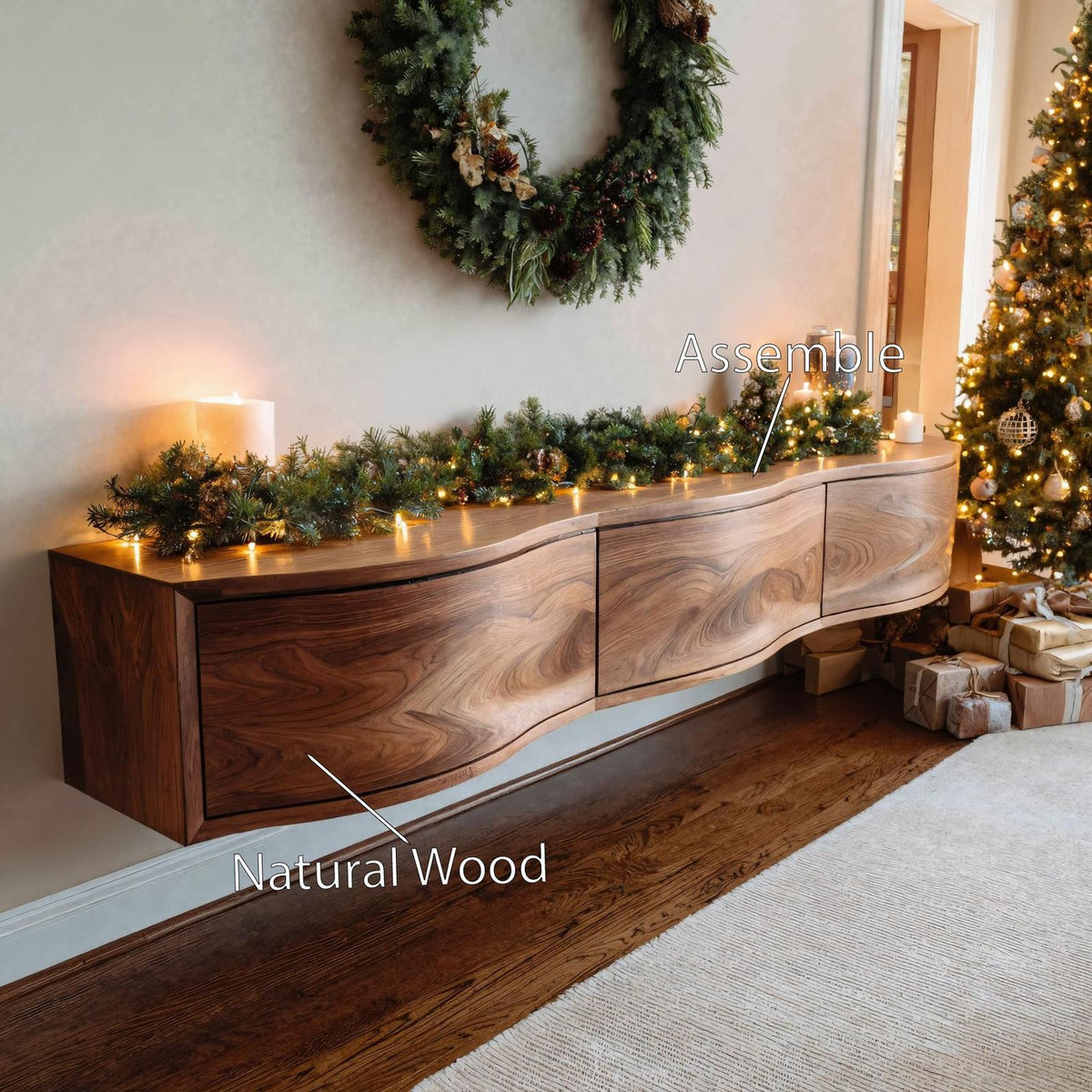 Modern Floating TV Stand Console, Handcrafted Wall Mounted Wooden Media Entertainment Shelf for Home Decor