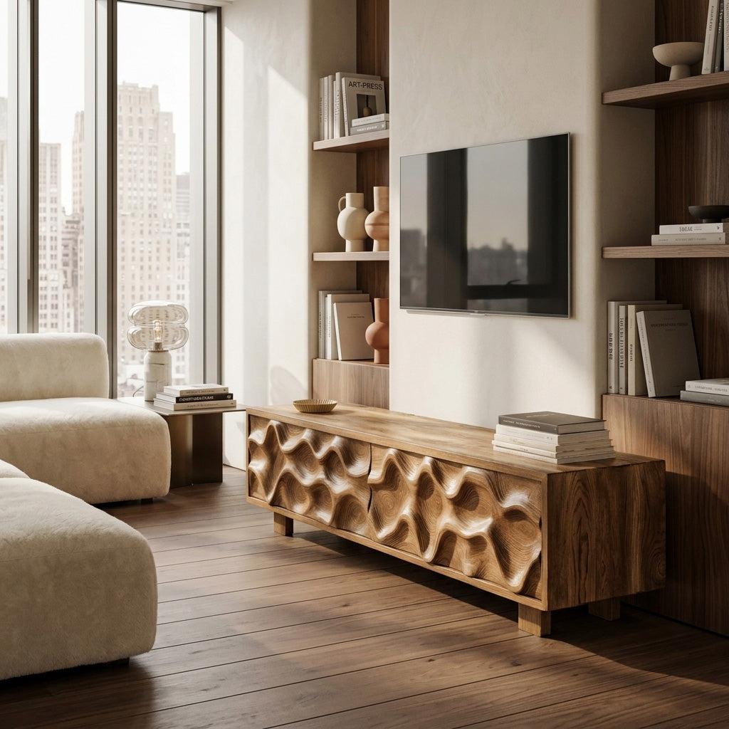 Hand-Carved TV Stand, Artistic Wave Design Solid Wood Media Entertainment Console Table for Modern Living Room