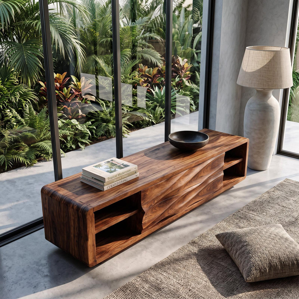 Spry Interior Quiet Luxury Low Sculpted Sideboard, Handcrafted Wooden Credenza Cabinet & Media Console for Living Room, Model RTTHHNSD024