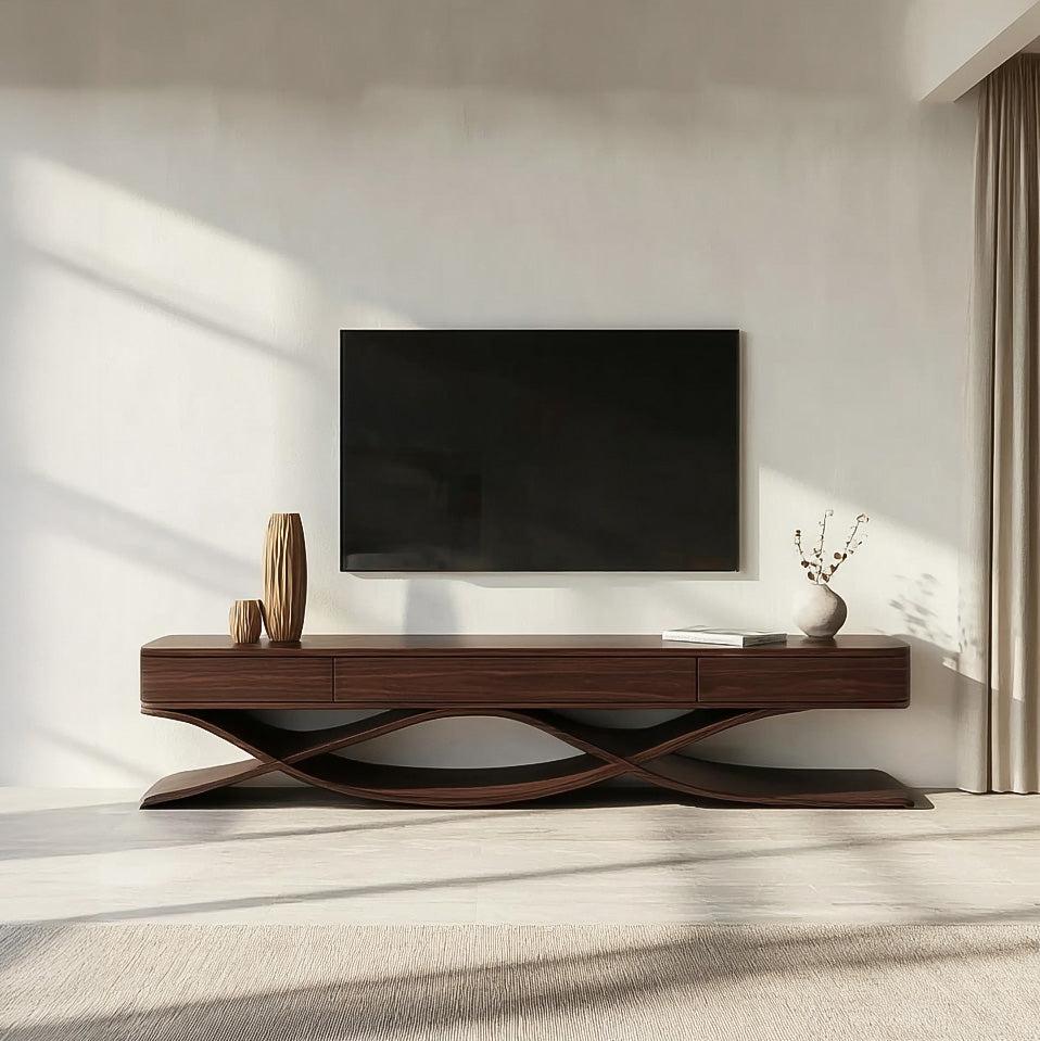 Modern TV Console With Interlocking Sculptural Base For Living Room