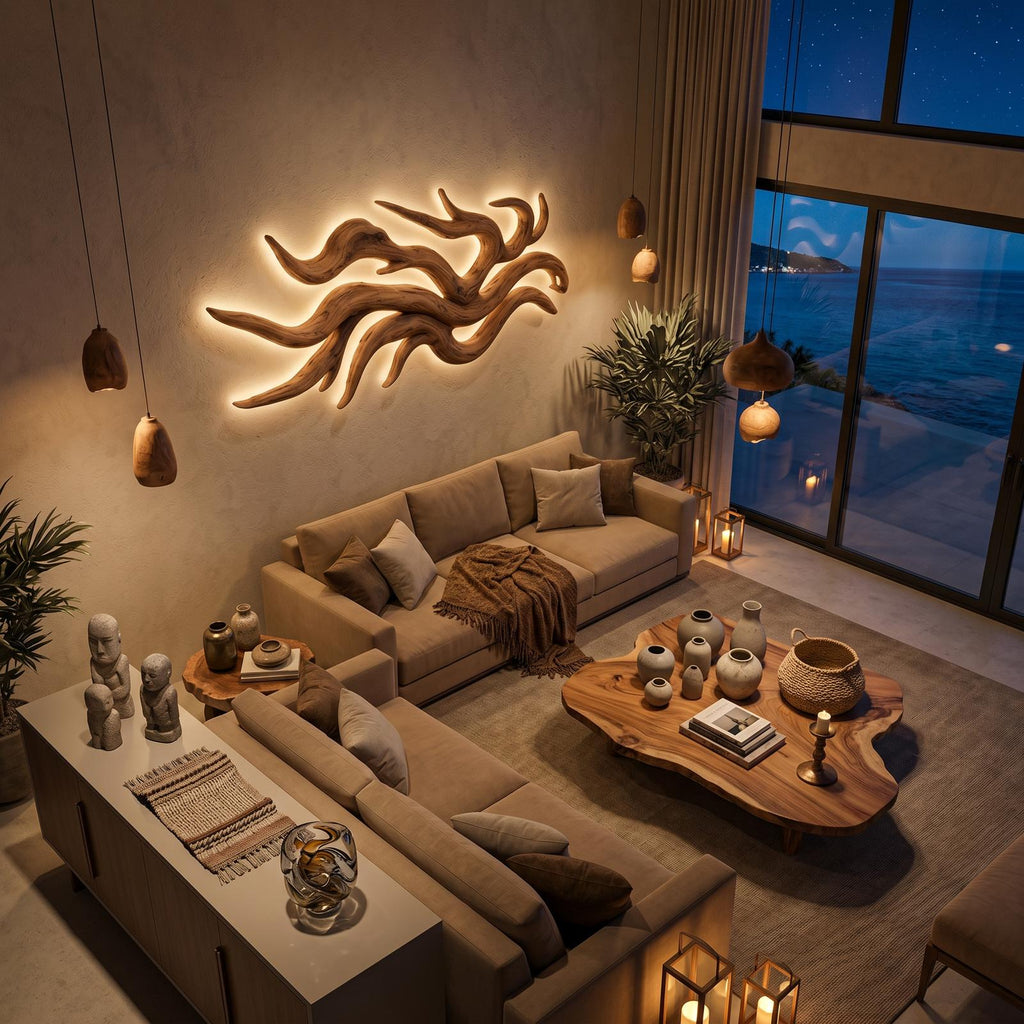 Artistic Wooden Wall Light with Flowing Root Design, Sculptural Rustic Sconce for Accent Bedroom Decor, Model