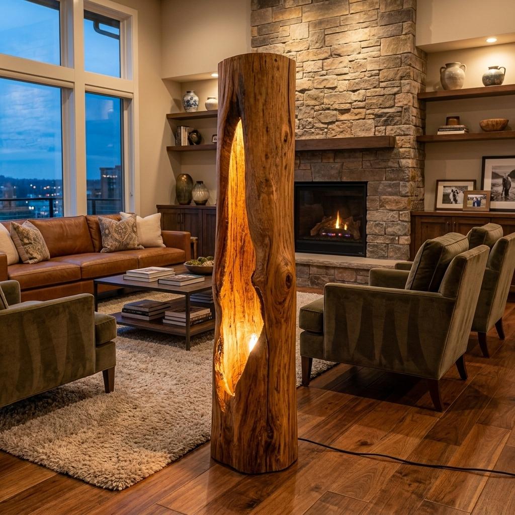 Rustic Wooden Floor Lamp, Sculptural Solid Wood Standing Accent Light with Shade for Cozy Bedroom, Model