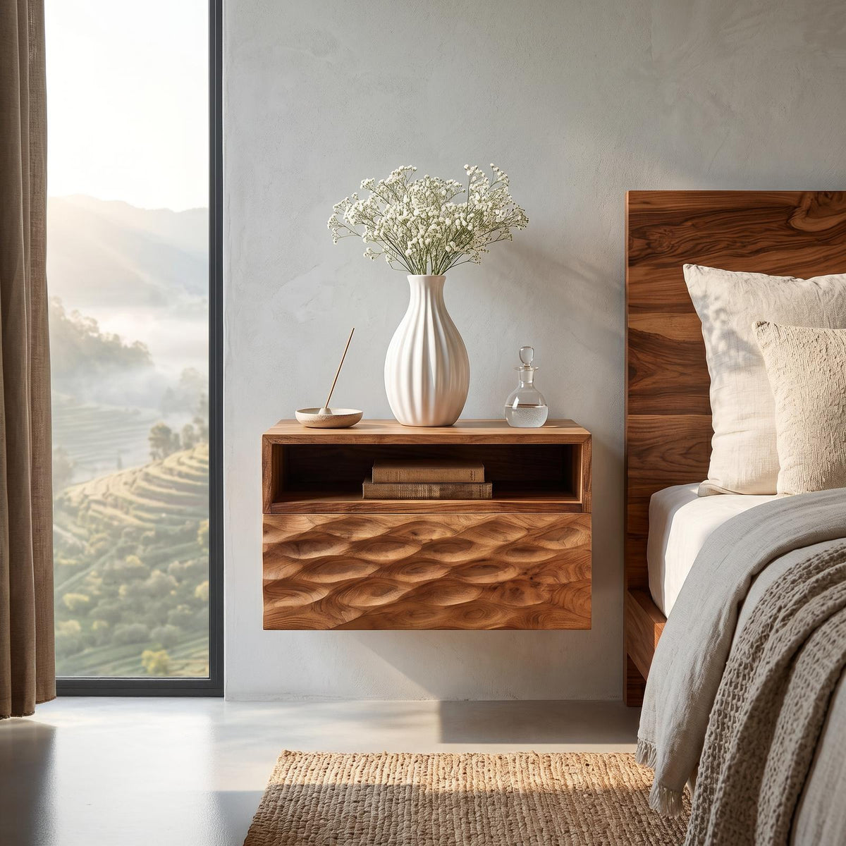 Spry Interior Modern Wooden Wall Mounted Nightstand with Open Storage Shelf, Floating Bedside Table for Bedroom, Model RTTHTTNS029