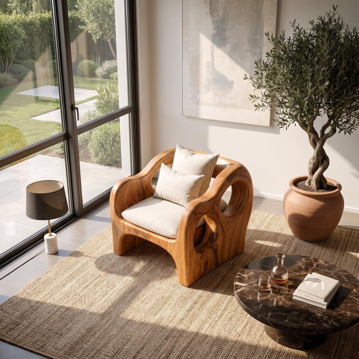 Artistic Sculpted Wooden Armchair, Mid-Century Modern Accent Lounge Chair for Living Room, Model