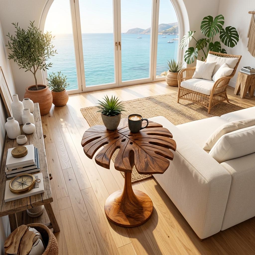 Handmade Wooden Side Table with Leaf Shape Top, Solid Wood Sculptural End Table for Sofa Side & Living Room, Model