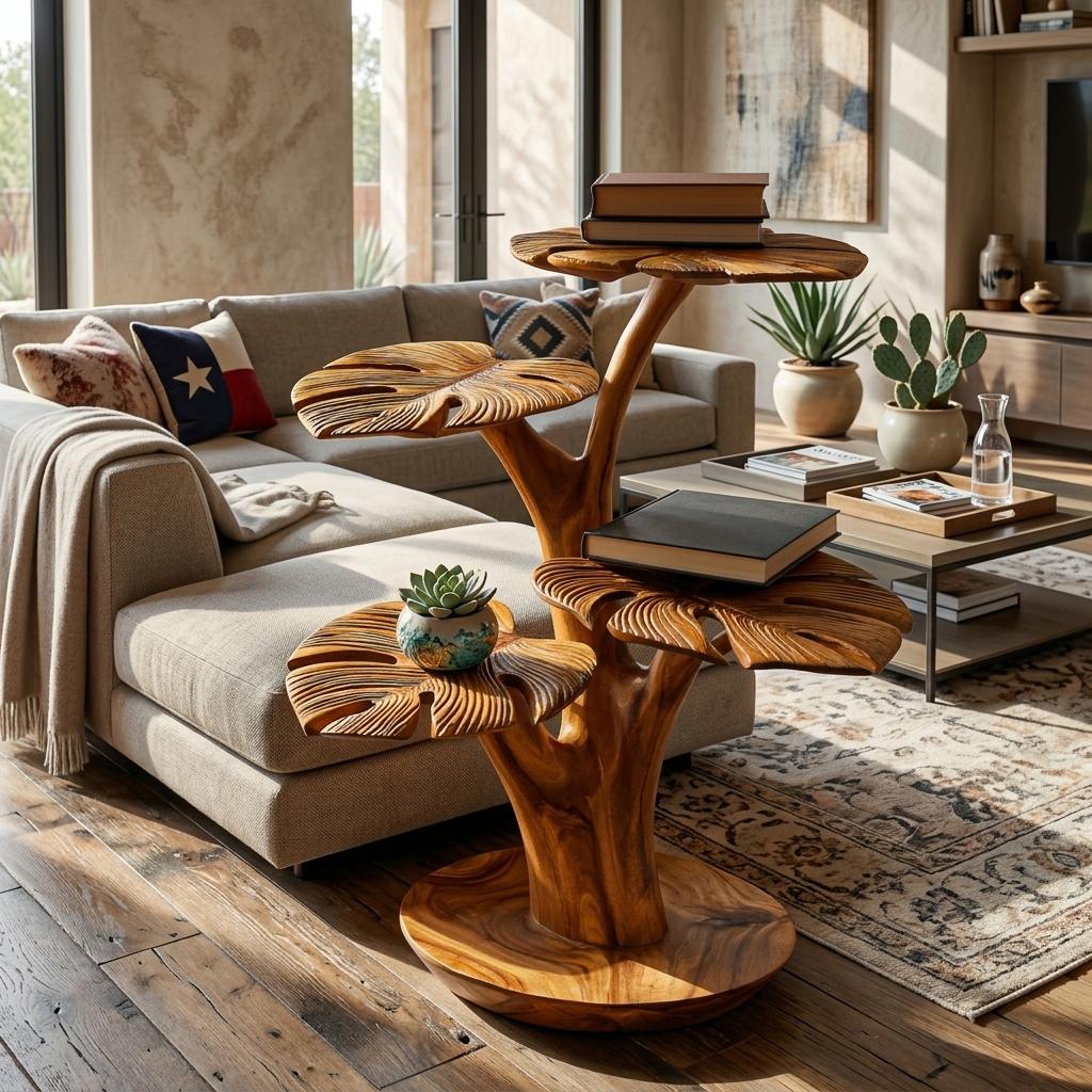 Organic Wooden Side Table with Multi-branched Tabletop, Handcrafted Solid Wood End Table for Living Room, Model