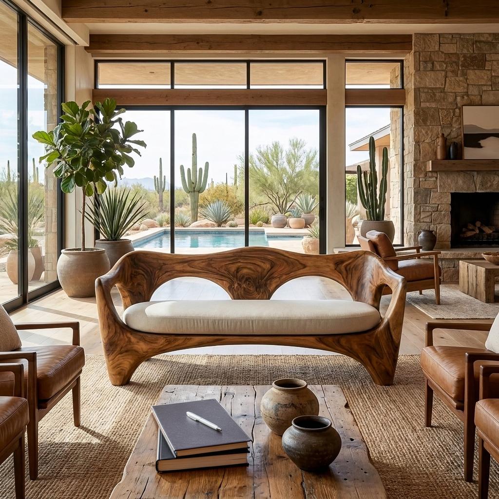 Mid-Century Modern Wooden Sofa with Sculptural Frame, Handcrafted Solid Wood Patio & Living Room Couch, Model