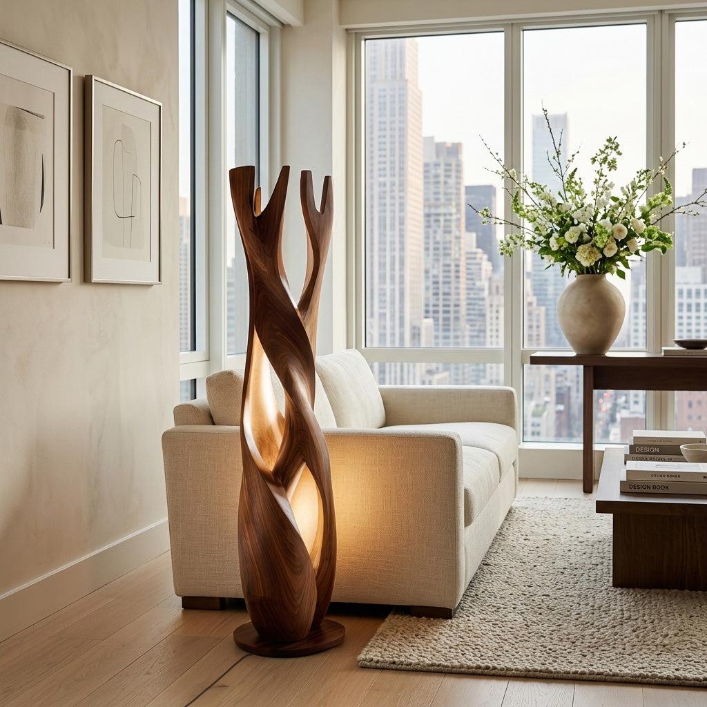Statement Wooden Sculpture Lamp, Sculptural Solid Wood Artistic Accent Light for Luxury Home Living Room, Model
