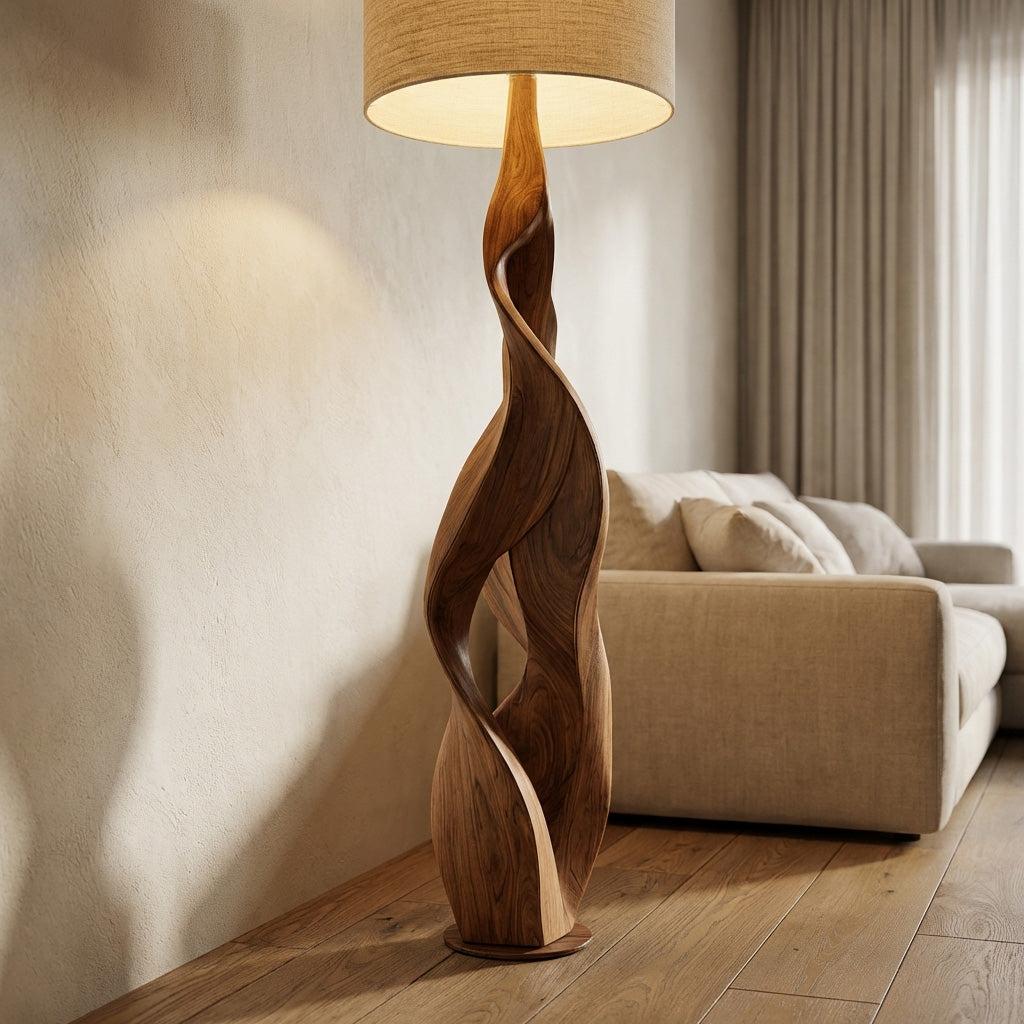 Sculptural Wooden Floor Lamp with Fabric Shade, Modern Solid Wood Standing Night Light for Bedroom Cozy Corner, Model
