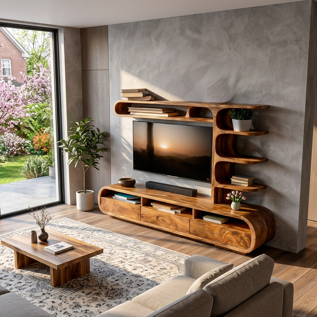 Elegant Wooden TV Console, Modern Classic Media Stand Credenza, Solid Timber Entertainment Unit for Living Area