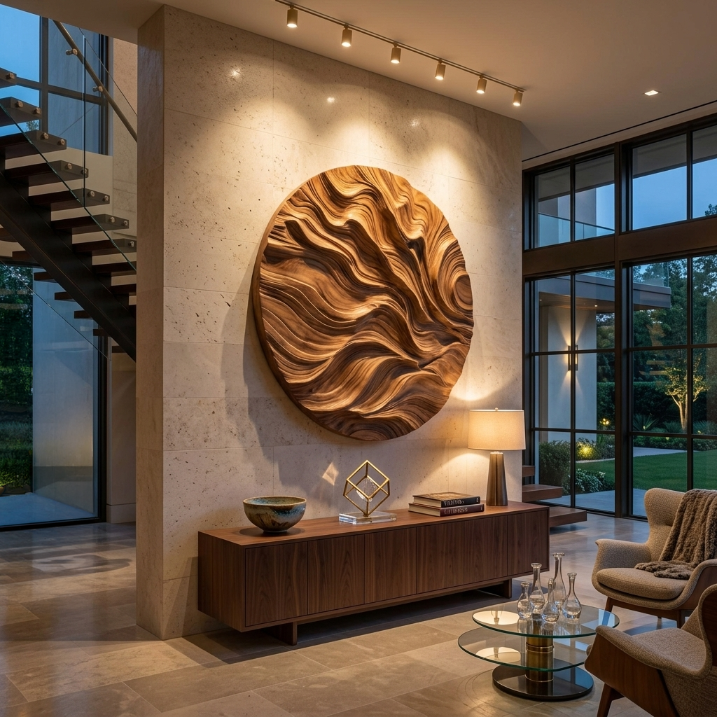 Round Carved Wood Wall Sculpture, 3D Abstract Mandala Style Circular Wood Panel Art for Living Room