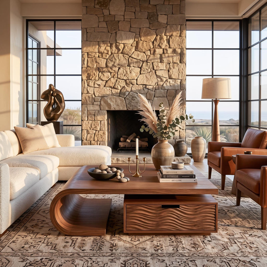 Modern Wooden Coffee Table with Storage Cabinet, Handcrafted Solid Wood Living Room Center Table, Model