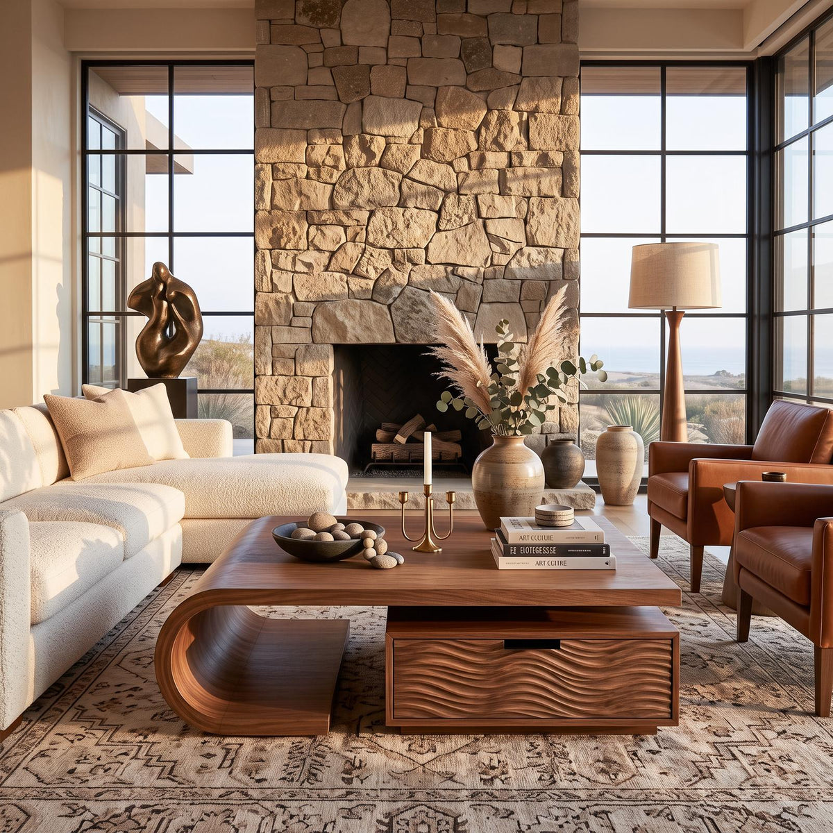 Modern Wooden Coffee Table with Storage Cabinet, Handcrafted Solid Wood Living Room Center Table, Model