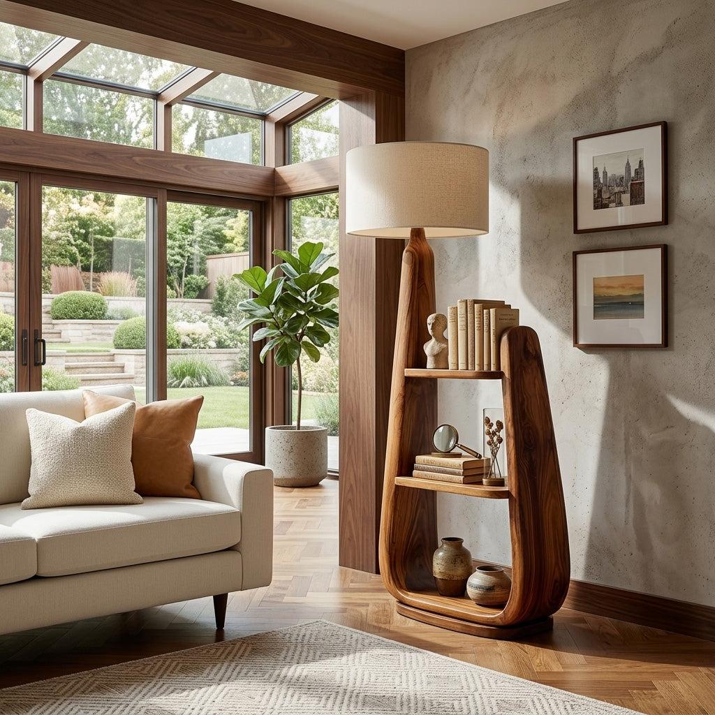 Mid-Century Wooden Floor Lamp with Integrated Storage Shelves, Modern Standing Light for Living Room, Model