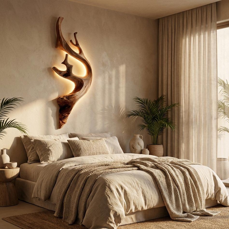 Sculptural Tree Branch Wooden Wall Lamp, Modern Nature-Inspired LED Wall Sconce Light for Bedroom, Model